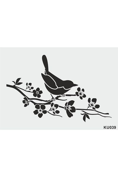 STENCİLTASARIM Stencil Design Ku039 Bird on Plum Branch - Decorative Wall, Item, Tiles, Fabric Painting Templates