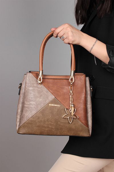 By Hakan Jn-037 Women's Handbag Multi-compartment Hand and Shoulder Strap Bag Mink Tan