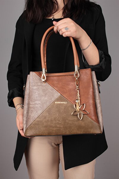 By Hakan Jn-037 Women's Handbag Multi-compartment Hand and Shoulder Strap Bag Mink Tan