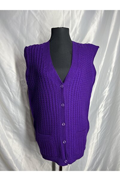 BARLAS TRİKO Kadın V Yaka Kalın Yün Saç Örgü Triko Düğmeli Cepli Anne Yelek