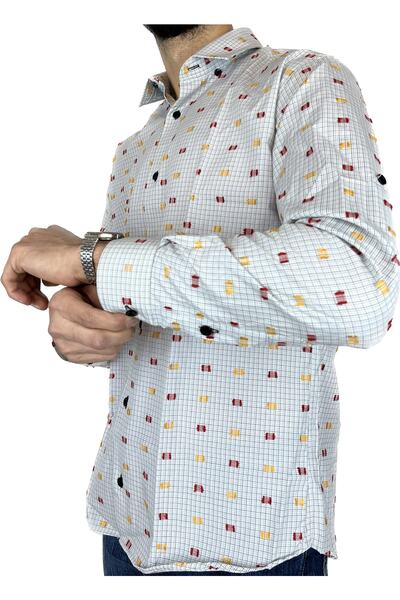 APT PRESTIGE Erkek Uzun Kol Sarı Kırmızı Slim Fit Desenli Gömlek
