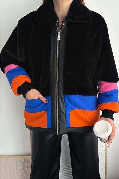 FEMELLE معطف نسائي من الفرو القطيفة ذو اللون الأسود ذو اللون الانتقالي المبطن...