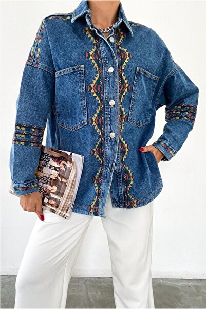 FEMELLE Blugi din blugi de damă, cu buzunar dublu, jachetă cu broderie autentică