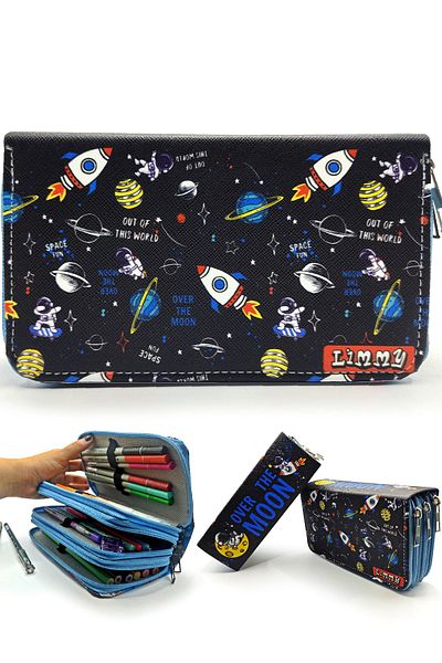 Limmy Trusa pentru creion Astronaut Space Galaxy Kawai Organizator Pen Box din piele vegană Suport stilou cu trei compartimente -albastru