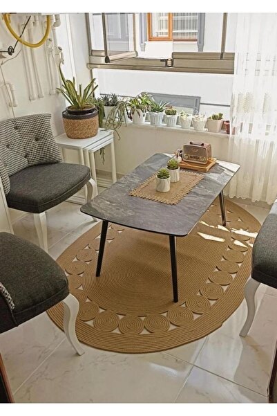 MUGG LİFE Jüt Hasır El Dokuma Halat Çerçeveli Bej Oval Özel Seri Modern Detay...
