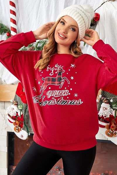 MODAGEN Maternity Merry Christmas Printed Red Crew Neck Sweatshirt
