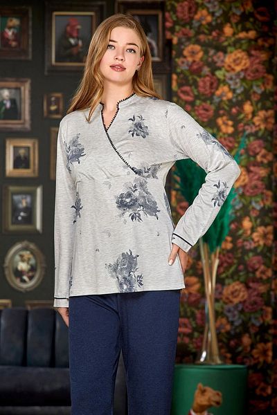 Cossy By Aqua 23028 Women's Black Patterned Double Breasted Collar Large Size Pajama Set