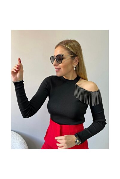 BERİ BUTİK Omuz Zincir Detaylı Çelik Örme Siyah Triko