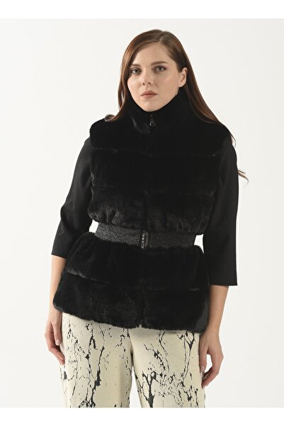Selen Siyah Kadın Dik Yaka Kürklü Yelek 22KSL2009 Beden: 44