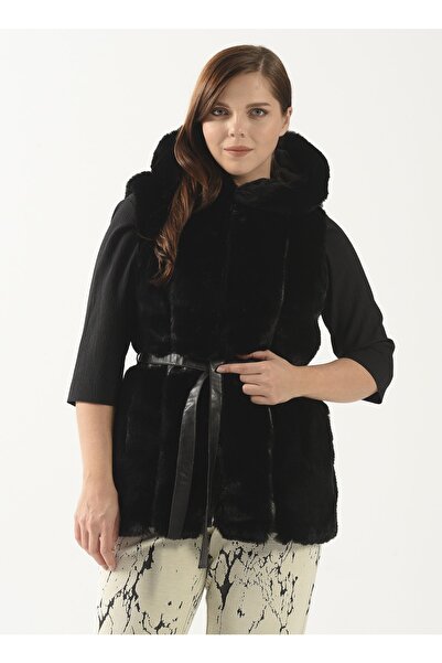 Selen Siyah Kadın Kapüşonlu Kürklü Yelek 22KSL2010 Beden: 44