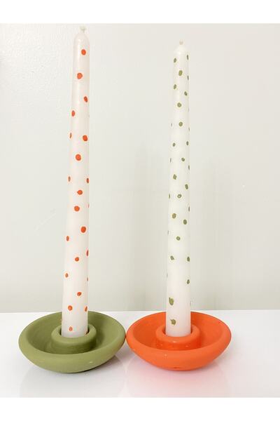 Mumbox mutluluk mum şeklinde 2’li Şamdan Ve Şamdan Mumu Yeşil Ve Turuncu Kokulu