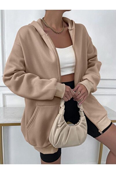 Altamira سترة صوفية نسائية كبيرة الحجم بسحاب وغطاء للرأس باللون البيج