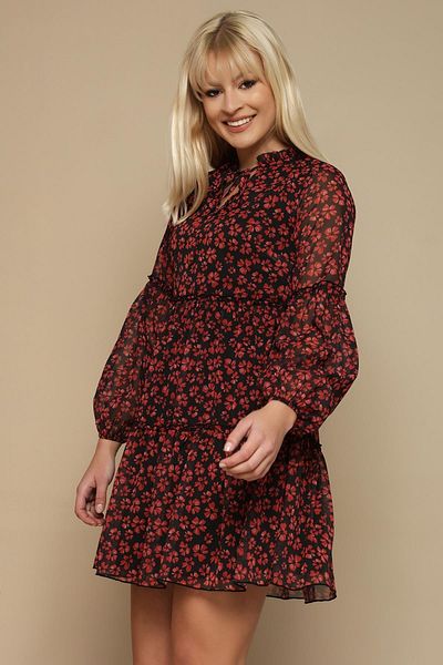 Select Moda Rochie roșie din șifon cu mâneci cu balon florale pentru femei