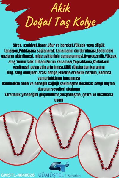 GÜMÜŞTEL EL SANATLARI Sertifikalı Doğal Taş Akik Taşı Kolye Aaa Kalite 6mm