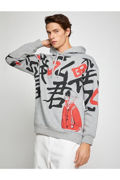 Koton Basic Hooded Oversize Sweatshirt Raised Far East Printed