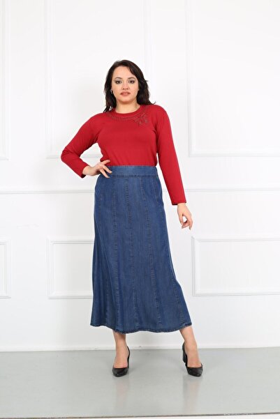 YASEŞA BUTİK Anne Kadın Büyük Beden Rahat Kalıp Parçalı Astarsız Pamuklu Kot Etek