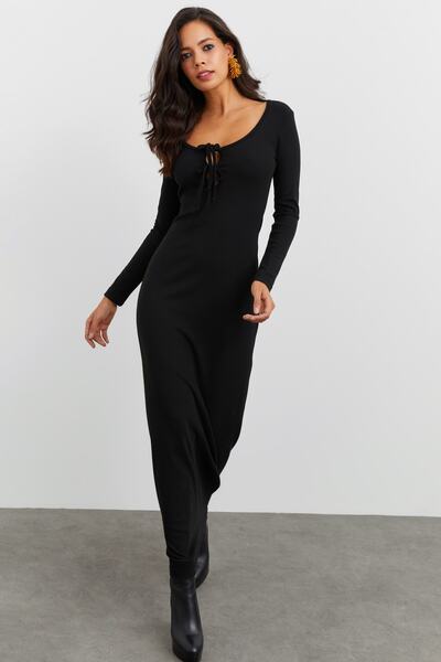 Cool & Sexy Kadın Siyah Kaşkorse Maxi Elbise EY1513
