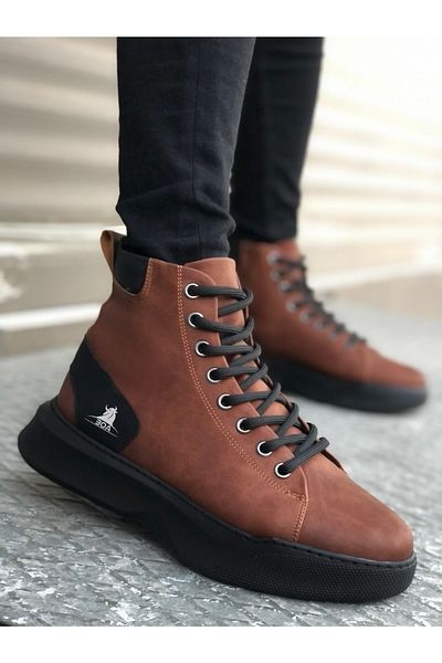 BOUIS Cizme pentru bărbați, cafeniu, negru, din piele artificială, cu talpă înaltă groasă. Cizme de iarnă confortabile, elegante, cu șireturi