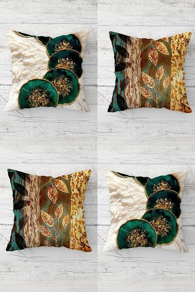 linazaitun Flower Patterned and Gold Leaf Hidden Zippered Throw Pillow Cover Sofa Pillow Cover Set (4pcs)