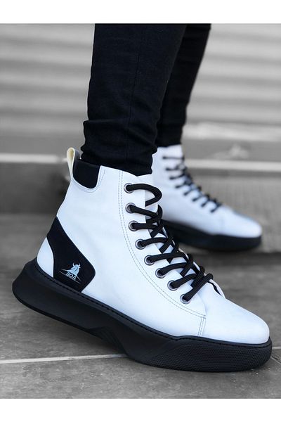 BOUIS Men's White Black Laced High Sole Bootie Leather Water Resistant Stylish Casual Winter Boots Comfortable