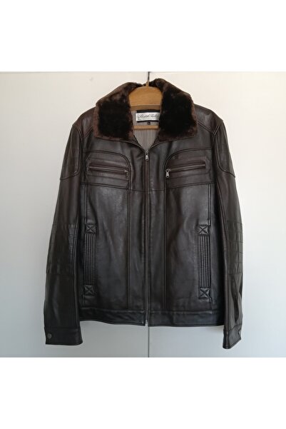 Butik Tülin Erkek Hakiki Deri Koyu Kahve Antik Fermuarlı Peluş Yakalı Cepli C...