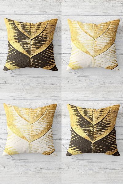 Pelangi Leaf Patterned Gold Concealed Zippered Throw Pillow Cover Sofa Pillow Cover Set (4pcs)