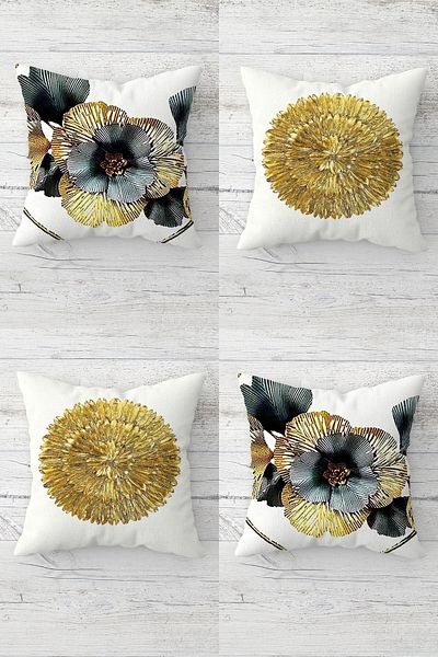 Pelangi Gold Flower Patterned Hidden Zippered Throw Pillow Cover Sofa Pillow Cover Set (4pcs)