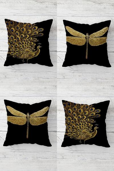 Pelangi طقم غطاء وسادة رمي بسحاب مخفي بنمط الطاووس واليعسوب - 4 قطع