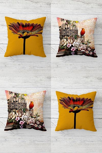Pelangi Vintage Orange Daisy and Bird Cage Set - Hidden Zipper Throw Pillow Cover, Sofa Pillow (4pcs)