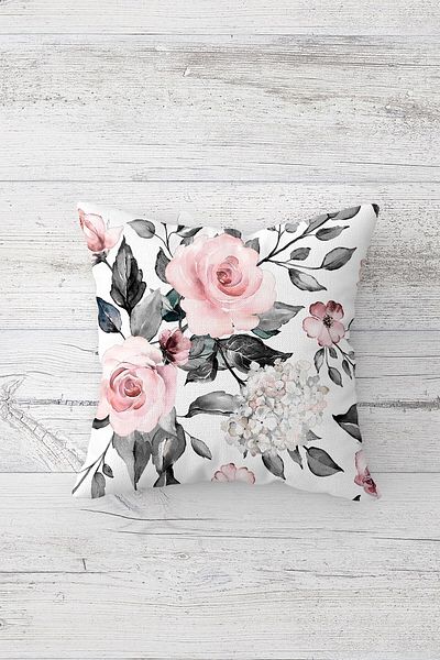 Latibule Rose Bouquet Patterned and Plain Throw Pillow with Hidden Zipper Throw Pillow Cover Seat Pillow Cover Set (4pcs)