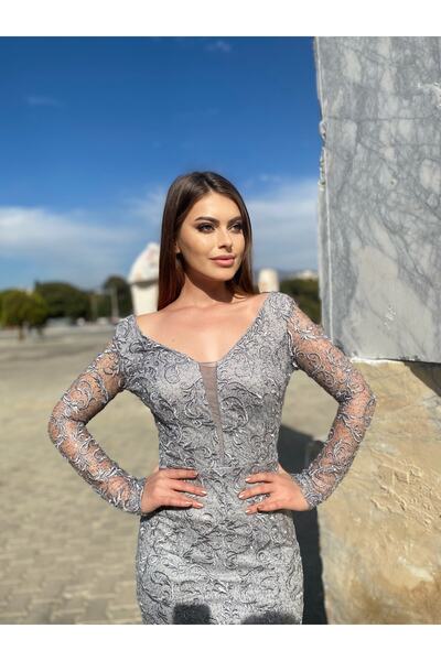 Surikka Tulle Detailed Berra Evening Dress Gray
