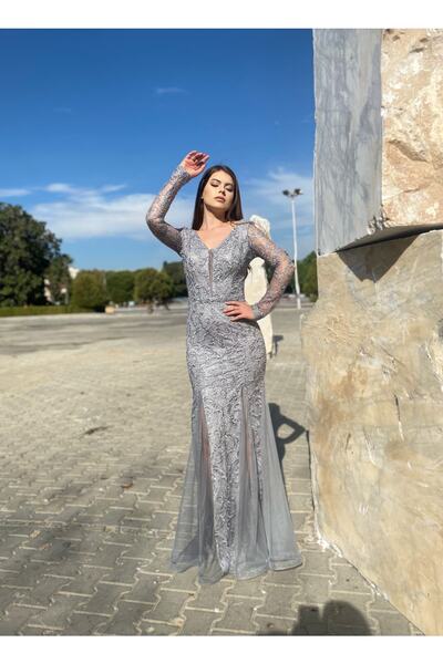 Surikka Tulle Detailed Berra Evening Dress Gray