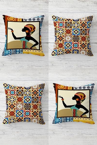 on the clouds Tile Pattern And Bohemian African Woman Concealed Zippered Throw Pillow Cover Seat Pillow Cover Set(4pcs)