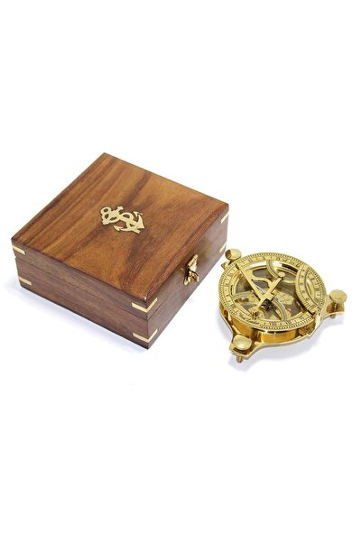 keyfim shop ساعة شمسية نحاسية مصنوعة يدويًا وبوصلة مع صندوق خشبي