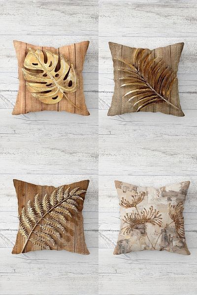 Pelangi Wooden Patterned - Hidden Zippered Throw Pillow Cover Set 4 Pieces Gold Leaves