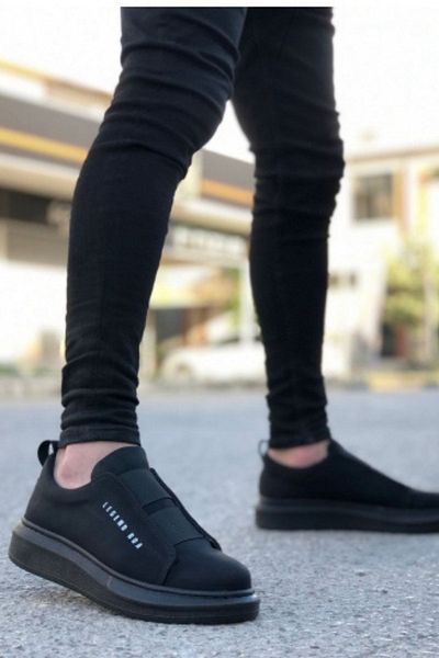 BOUIS Ανδρικά παπούτσια casual μαύρα ψηλή σόλα με χοντρές διπλές ταινίες, ανθεκτικό δερμάτινο αθλητικό παπούτσι χωρίς οσμή