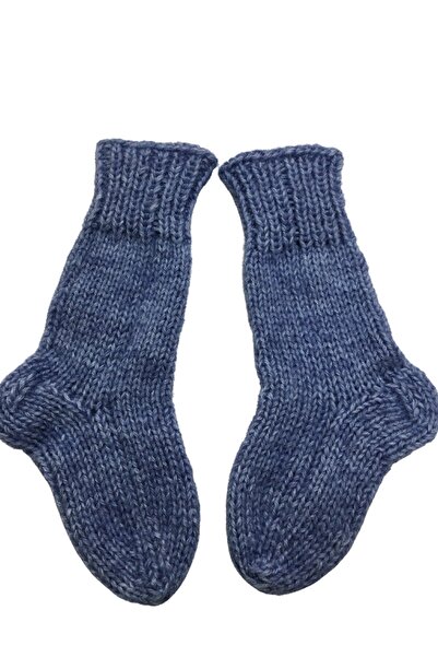 Işin Tasarım 2/3 Yaş Çocuk Mavi Renkli El Örgüsü Yün Çorap