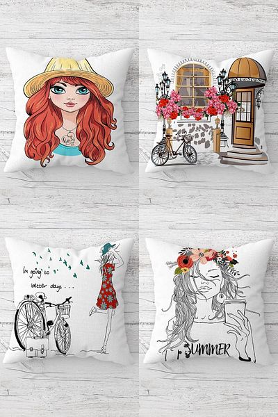 Pelangi Bicycle And Free Girl Themed Hidden Zippered Throw Pillow Cover Seat Pillow Cover Set(4pcs)