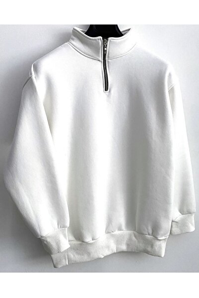 PLA STORE Λευκό φούτερ με μισό φερμουάρ