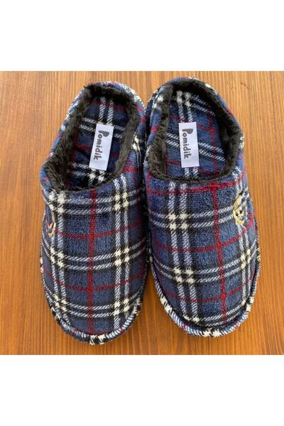 Pomidik Erkek Lacivert Kareli Önü Kapalı Ev Terliği