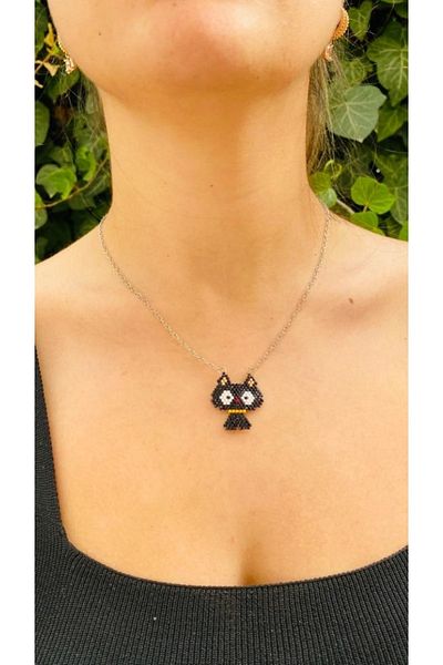 elamindunyasi Miyuki Knitted Cat Figure Necklace and Paw Earring Set