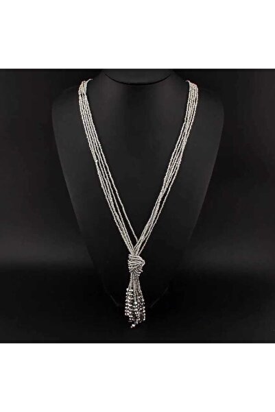 İPAR AKSESUAR Gümüş Renk Kristal Uçlu Kum Boncuk Düğüm Kolye