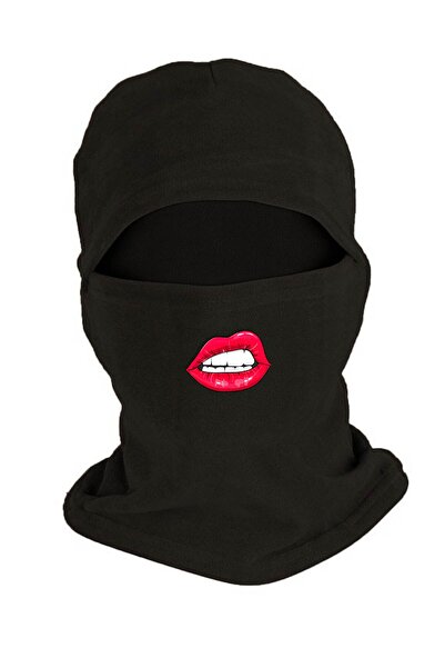 Zeron Tasarım Lip Printed Winter Fleece Snow Mask Black Bll1591