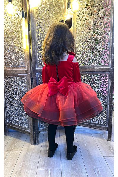 zühre balaban Red Black Velvet Bow Detailed Girl's Evening Dress Red Velvet Toddler Dress
