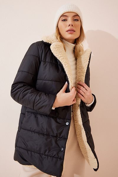 Happiness İstanbul Schwarze Pufferjacke aus Kunstwolle für Damen RV00083