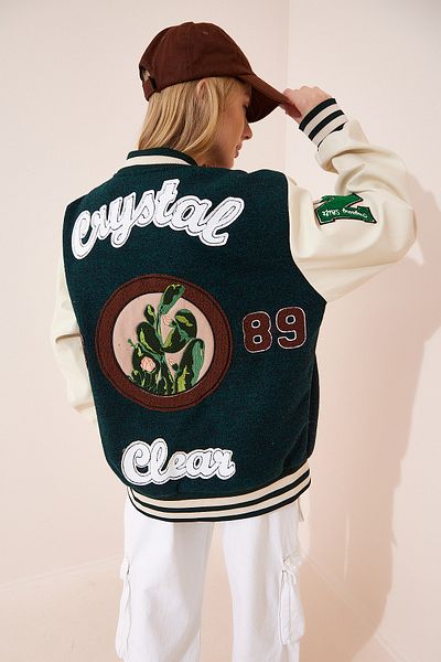 Happiness İstanbul Women's Dark Green Racing Patched Faux Leather Felt Pieced Bomber Coat FN02973