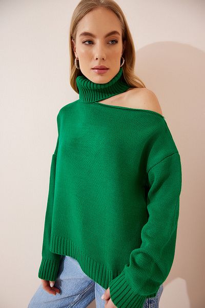 Happiness İstanbul Women's Green Cot Out Detailed Turtleneck Knitwear Sweater PN00068