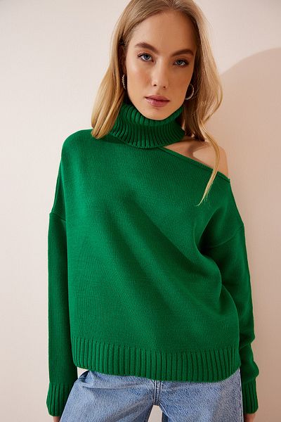 Happiness İstanbul Women's Green Cot Out Detailed Turtleneck Knitwear Sweater PN00068