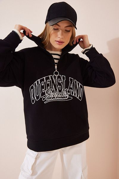 Happiness İstanbul Women's Black Stand Collar Zippered Knitted Sweatshirt US00862