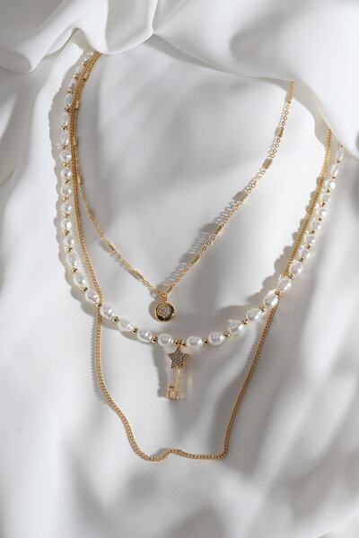 Genel Markalar 3'lü Inci Detay Yıldız Uçlu Gold Zincir Kolye